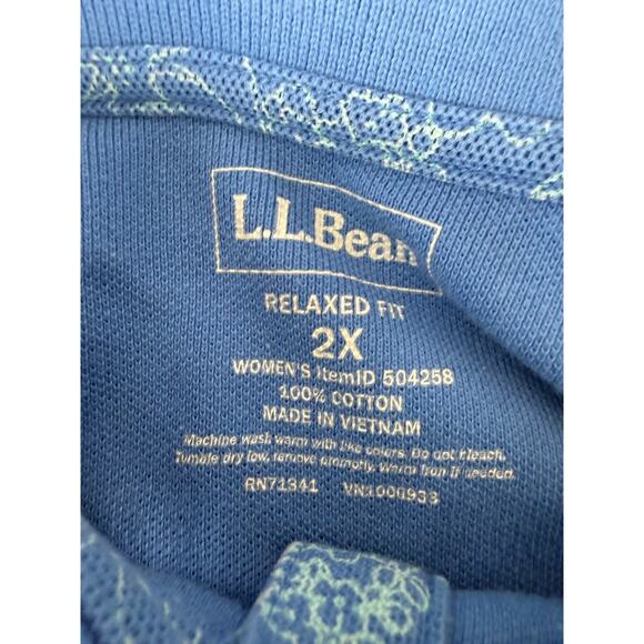 LL Bean Plus Size 2X Floral Print Polo Top Blue Short Sleeve Collar - Picture 4 of 5